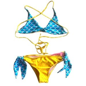 Yellow Heart and Blue Mermaid Scale Reversible Tie Side Bikini.